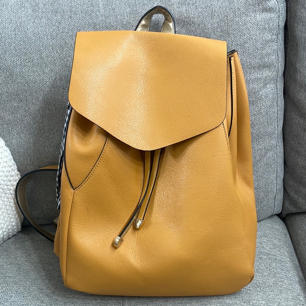 New Zara Mustard Leather Backpack with Black and White Gingham Scarf